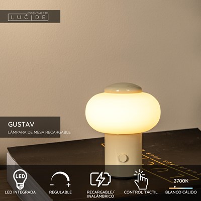 Lucide GUSTAV - Lámpara de mesa Recargable - Batería/acumulador - Ø 8 cm - LED Regul. - 1x0,8W 2700K - Beige | Essential